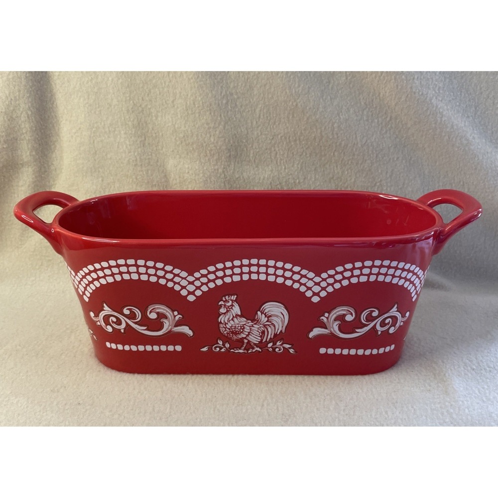 NEW Temptations Red Doodle Doo 2 Qt Deep Dish Baker Oval Handled Bread EA000642